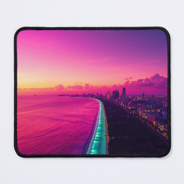Item preview, Miami Coastline Magic Hour Panoramic Skyline Neon Retrowave Art designed and sold by Kynura.