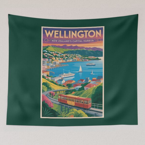 Item preview, Wellington New Zealand Skyline Illustration Travel Art Vintage designed and sold by KrisSidDesigns.