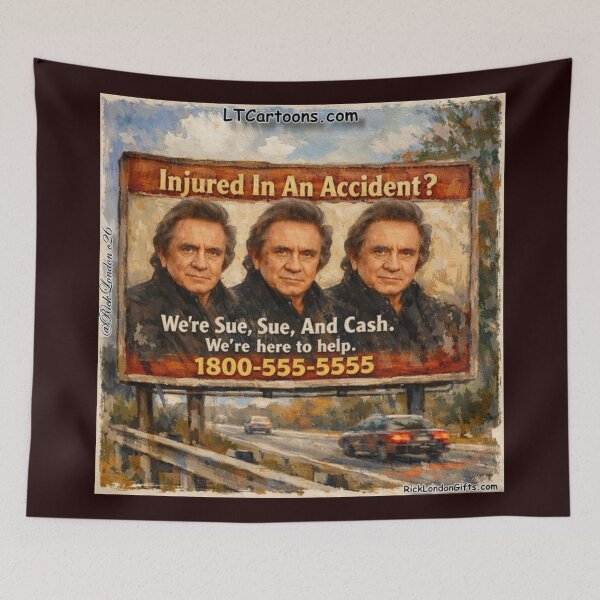 Item preview, Sue, Sue & Cash Billboard Parody – Retro Legal Humor Cartoon designed and sold by Rick London Gifts.
