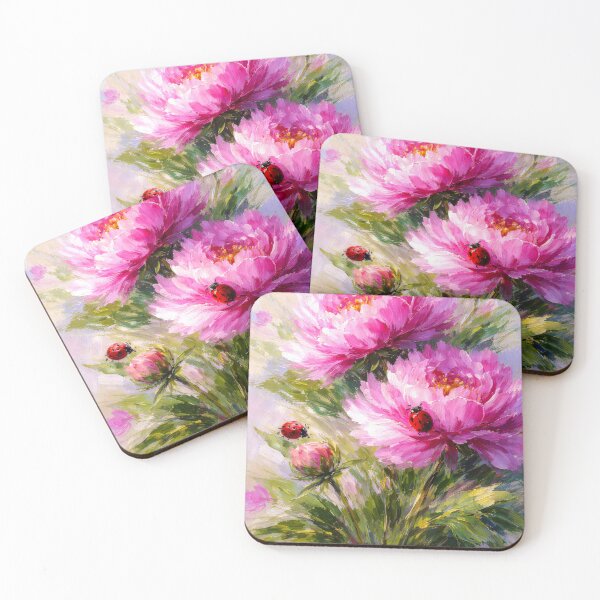Item preview, Gorgeous pink peonies floral with Red Ladybugs designed and sold by scicilysimonee.