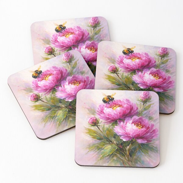 Item preview, Gorgeous pink blooming peonies with honeybee designed and sold by scicilysimonee.