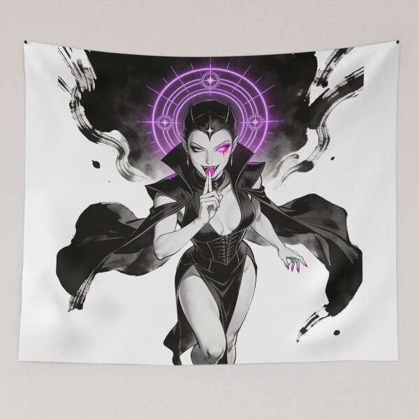 Item preview, succubus nun vampire saint of sin hot pink eyes electric purple halo gothic engraving dark fantasy seductive divine figure designed and sold by DarkMedieval.