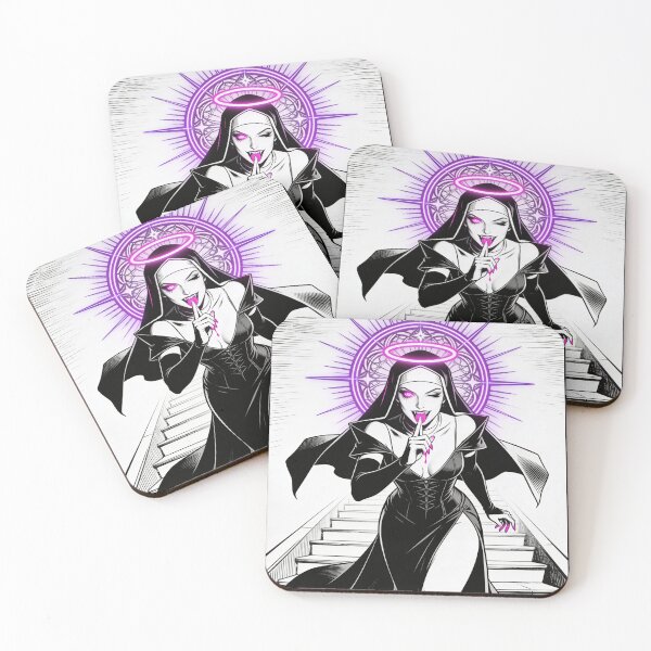 Item preview, vampire nun gothic succubus saint of sin hot pink eyes electric purple halo engraving style dark fantasy alternative fashion designed and sold by DarkMedieval.