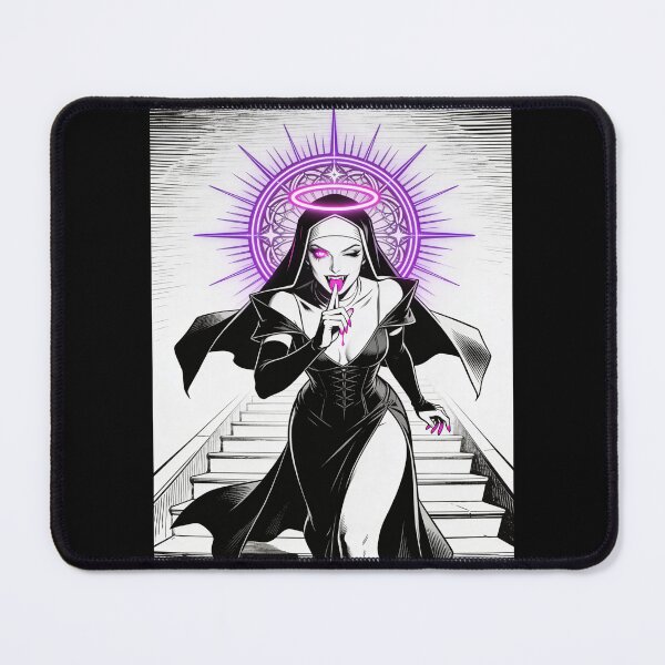 Item preview, vampire nun gothic succubus saint of sin hot pink eyes electric purple halo engraving style dark fantasy alternative fashion designed and sold by DarkMedieval.