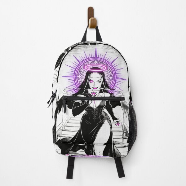 Item preview, vampire nun gothic succubus saint of sin hot pink eyes electric purple halo engraving style dark fantasy alternative fashion designed and sold by DarkMedieval.
