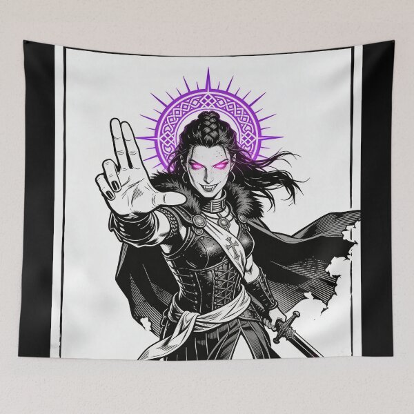 Item preview, warrior saint saint of sin celtic warrior queen boudica inspired gothic battle engraving hot pink eyes electric purple halo bloodlust designed and sold by DarkMedieval.