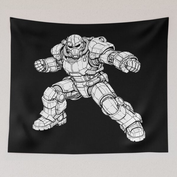 Item preview, Dynamic Retro Futuristic Exoskeleton Combat Blueprint Shirt – Steel Brotherhood Power Armor Action Pose designed and sold by WAUZ.