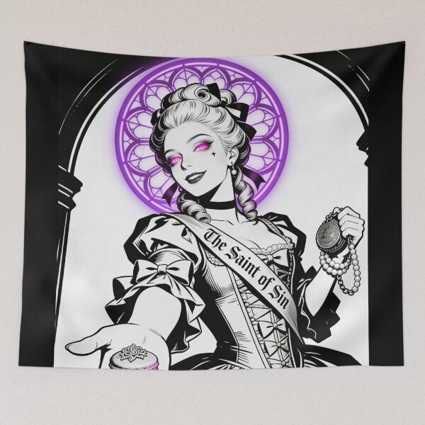 Item preview, gothic saint saint of sin rococo queen greed deception sweet poison neon halo hot pink eyes electric purple halo engraving designed and sold by DarkMedieval.