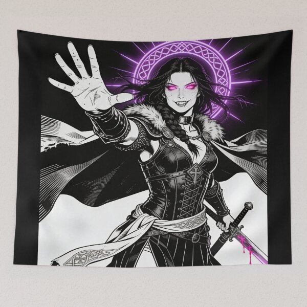 Item preview, warrior saint saint of sin celtic warrior queen boudica inspired gothic battle engraving hot pink eyes electric purple halo bloodlust designed and sold by DarkMedieval.