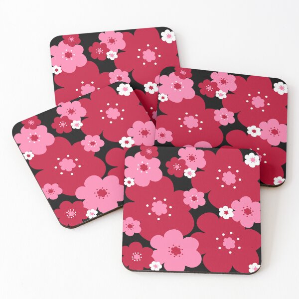 Item preview, 60's 70's Retro Scandinavian Style Flowers in Red and Pink on Black designed and sold by MellowCat.