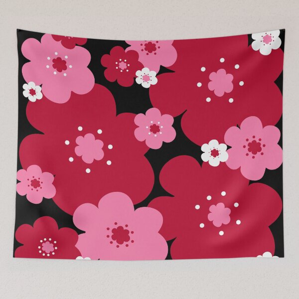 Item preview, 60's 70's Retro Scandinavian Style Flowers in Red and Pink on Black designed and sold by MellowCat.