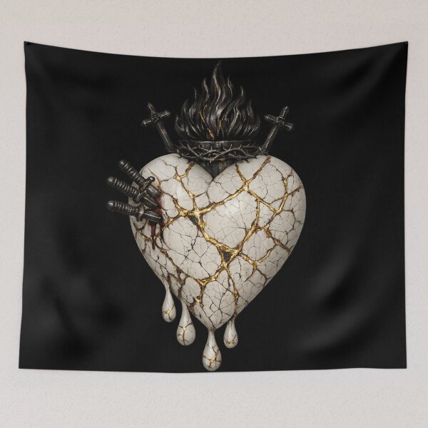 Item preview, Cracked Porcelain Sacred Heart With Blades and Flame designed and sold by Mouraludia.