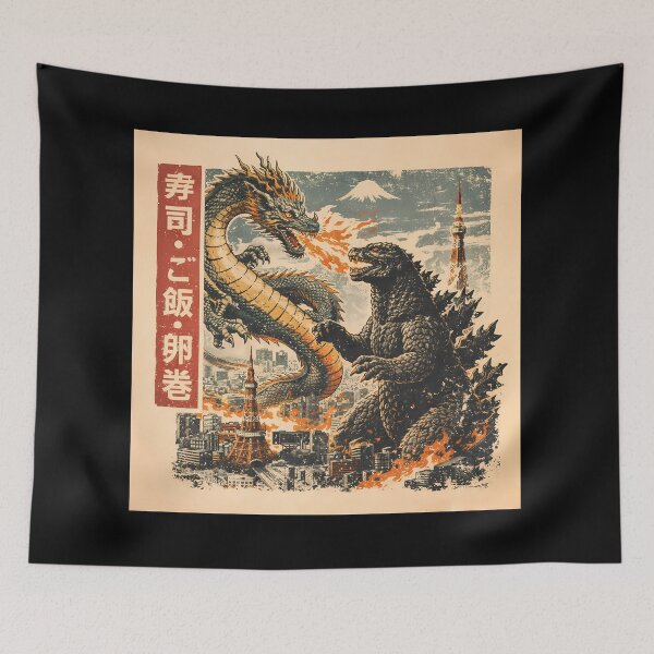 Item preview, Tokyo Kaiju Battle Dragon vs Monster Japan Skyline Tokyo Tower Graphic Design designed and sold by VaporTokyo.