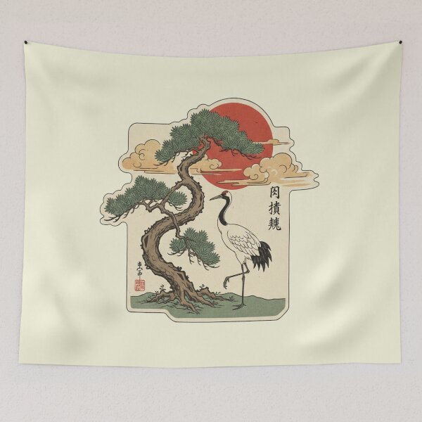 Item preview, Japanese Crane Rising Sun Ukiyo-e Art Poster Sticker Gift designed and sold by Ink Dynasty.