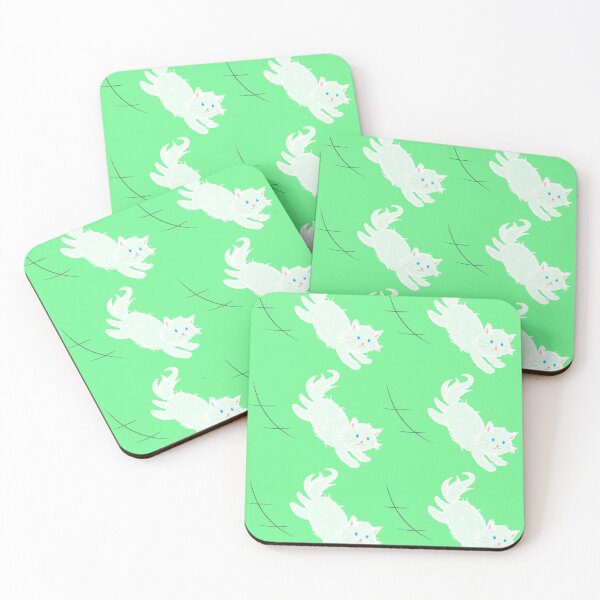 Item preview, Jumping cute white kitty cat (green pattern) designed and sold by Tiny-Sugar-Dove.