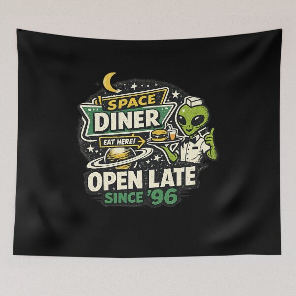 Item preview, 90s Space Diner Alien T-Shirt – Open Late Since ’96 Retro Sci-Fi Neon Graphic designed and sold by JonelCrafts.