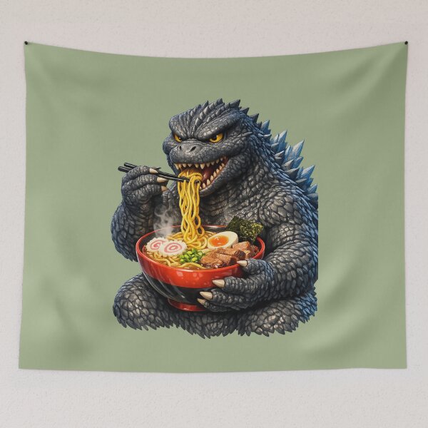 Item preview, Godzilla Eating Ramen | Kawaii Fun Monster Eating Noodle Art designed and sold by Moons Studio.