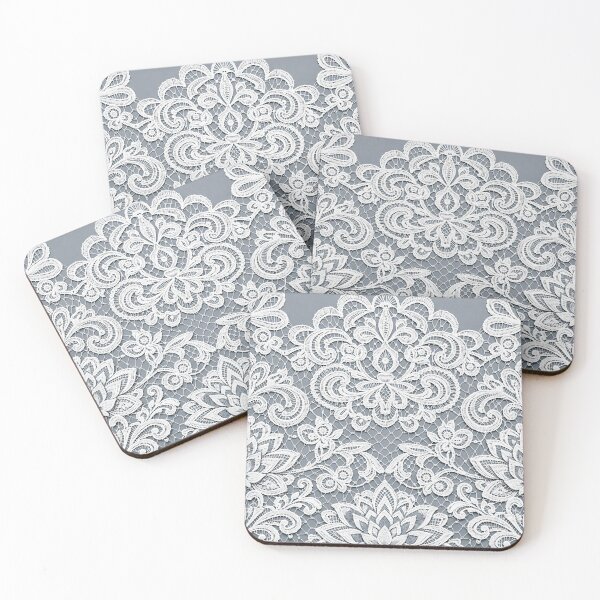 Item preview, White Lace Floral Damask Pattern on Silver Grey designed and sold by Kaleidoscope Print.