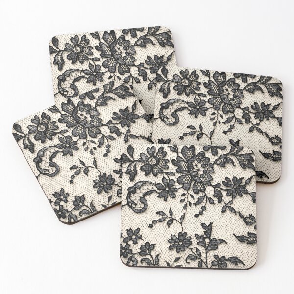 Item preview, Black Floral Lace on Ivory Mesh Pattern designed and sold by Kaleidoscope Print.