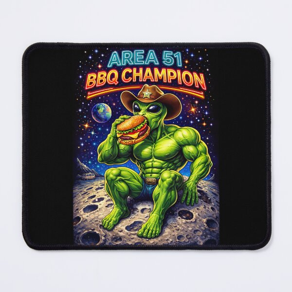 Item preview, Area 51 BBQ Champion – Buff Alien Eating Burger on the Moon designed and sold by Dominik1994.