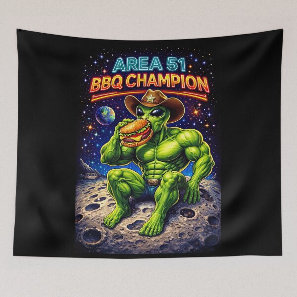 Item preview, Area 51 BBQ Champion – Buff Alien Eating Burger on the Moon designed and sold by Dominik1994.