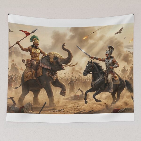Item preview, Ancient Indian Battle Scene – Epic Warrior Art | Elephant vs Horseman Combat designed and sold by Mindful Heritage.
