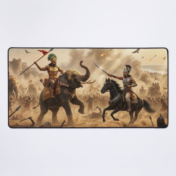 Item preview, Ancient Indian Battle Scene – Epic Warrior Art | Elephant vs Horseman Combat designed and sold by Mindful Heritage.