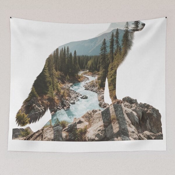 Item preview, Wolf Silhouette with Mountain River – Nature Double Exposure designed and sold by Printerraworks.