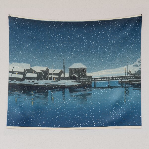 Item preview, Port of Ebisu on Sado Island by Hasui Kawase: Winter Night Harbor Poster designed and sold by artofuniverse.