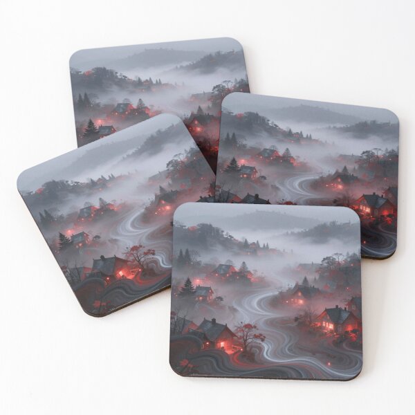 Item preview, Mystical village in the fog – surreal river, warm light and mysterious atmosphere designed and sold by FotoworldEdel.