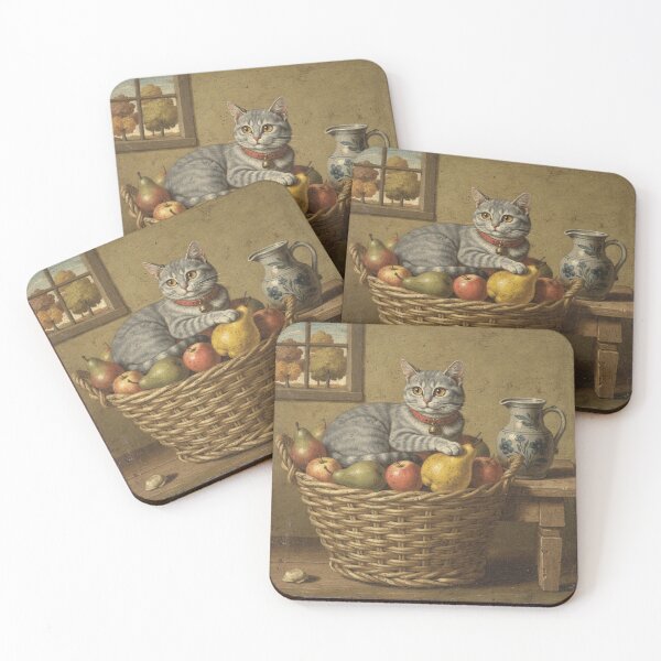 Item preview, Gray Cat Harvest Basket - Folk Art Portrait designed and sold by PictorialWhimsy.