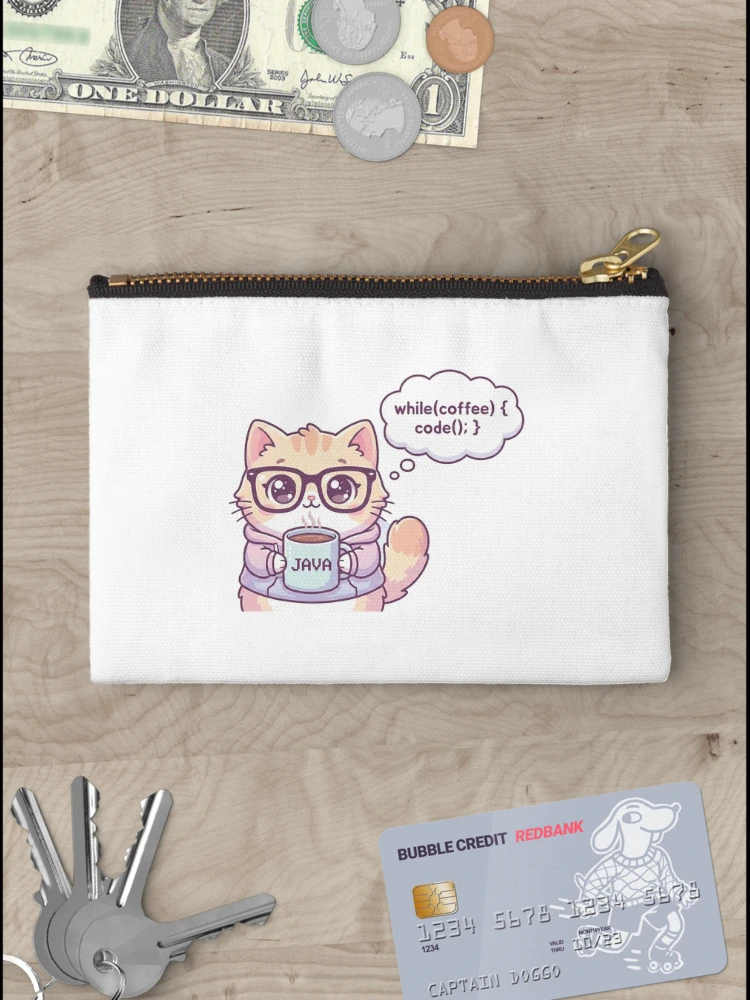 Thumbnail 3 of 4, Zipper Pouch, "Cute Java Coder Cat - 'while(coffee) code();'" designed and sold by Zenith Design.