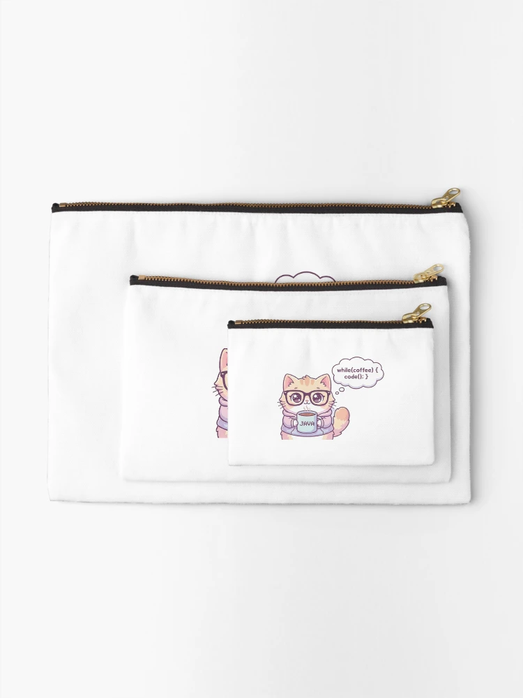 Thumbnail 2 of 4, Zipper Pouch, "Cute Java Coder Cat - 'while(coffee) code();'" designed and sold by Zenith Design.