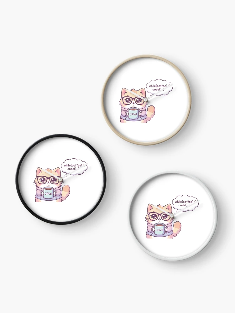 Thumbnail 3 of 4, Clock, "Cute Java Coder Cat - 'while(coffee) code();'" designed and sold by Zenith Design.