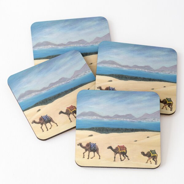 Item preview, Three camels with colorful saddles walk across sandy dunes in Fuerteventura. designed and sold by Selena Razuri.