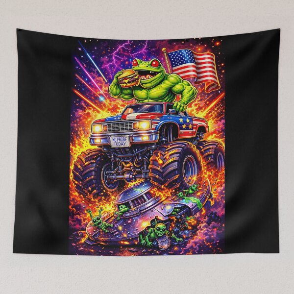 Item preview, Frog in Monster Truck Crushing UFO – No Probe Today Patriotic Chaos Art designed and sold by Dominik1994.