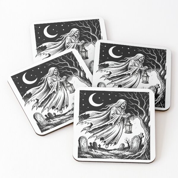 Item preview, Haunted Lantern Ghost in Moonlit Graveyard – Vintage Horror Illustration designed and sold by myforestfog.