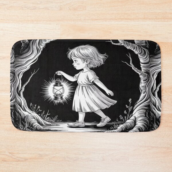 Item preview, Little Girl with Lantern in the Dark Forest – Black & White Illustration designed and sold by myforestfog.