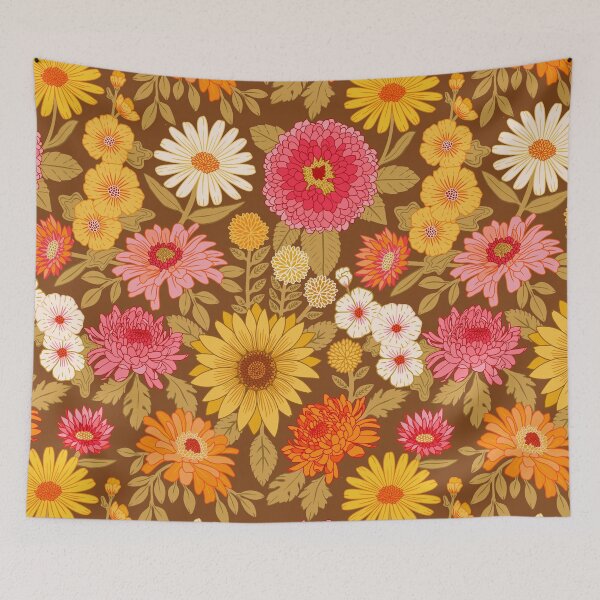 Item preview, Retro Plentiful Petals - Brown Background designed and sold by TigaTiga.