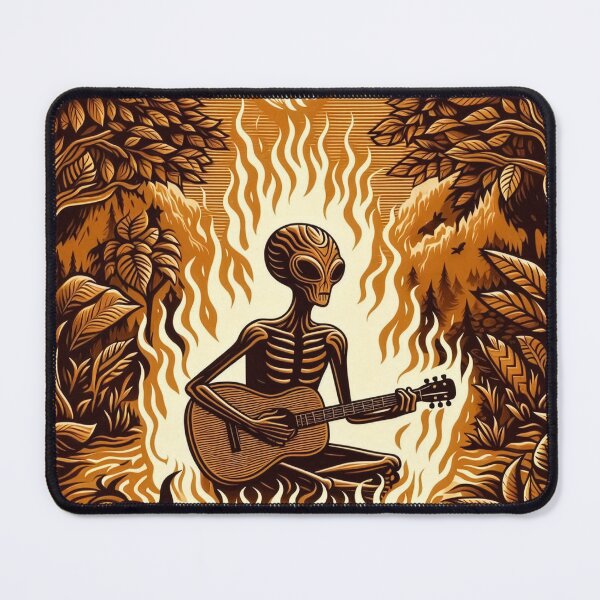 Item preview, Alien playing Guitar in flames - woodcut style designed and sold by 40degreesSouth.