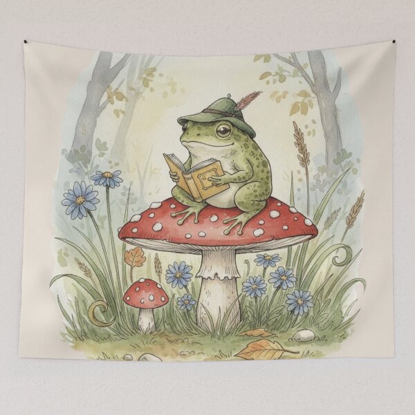 Item preview, Vintage Cottagecore Frog Reading on Mushroom Watercolor Art designed and sold by Design_Your_Day.
