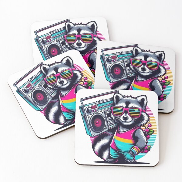 Item preview, 80s Boombox Raccoon - Retro Neon Streetwear designed and sold by RetroRascalStudio.