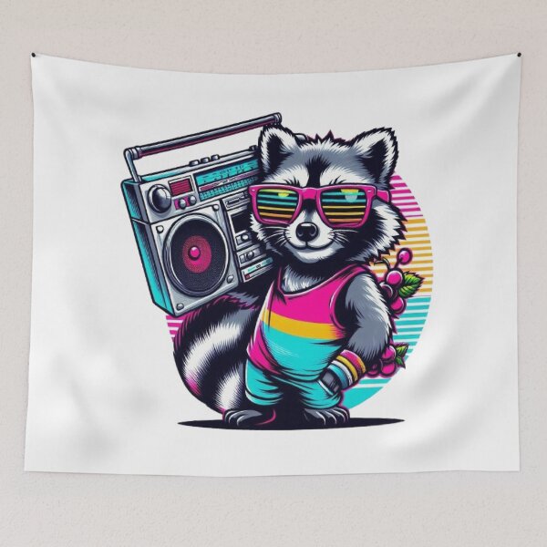 Item preview, 80s Boombox Raccoon - Retro Neon Streetwear designed and sold by RetroRascalStudio.