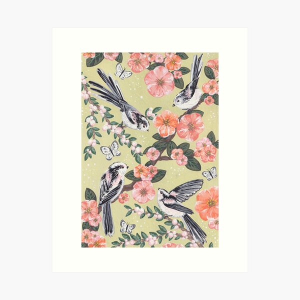 Item preview, Shima Enaga (Long Tailed Tits) and Japanese Quince designed and sold by WildWoodPrint.