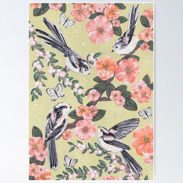 Item preview, Shima Enaga (Long Tailed Tits) and Japanese Quince designed and sold by WildWoodPrint.