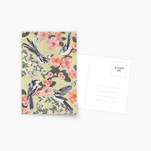 Item preview, Shima Enaga (Long Tailed Tits) and Japanese Quince designed and sold by WildWoodPrint.