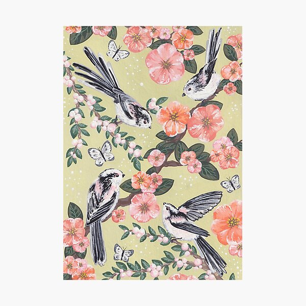 Item preview, Shima Enaga (Long Tailed Tits) and Japanese Quince designed and sold by WildWoodPrint.