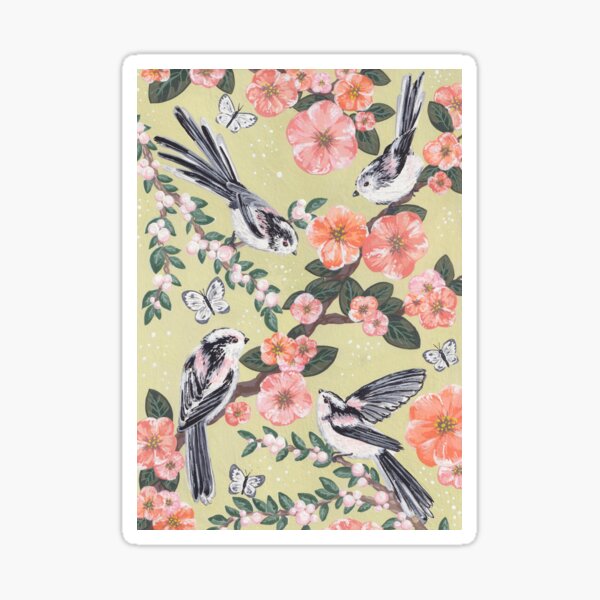 Item preview, Shima Enaga (Long Tailed Tits) and Japanese Quince designed and sold by WildWoodPrint.