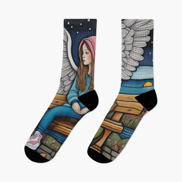 Item preview, Angel with wings wearing a hoodie eating chips sitting on a bench at a British seaside resort  designed and sold by Colin Bentham.