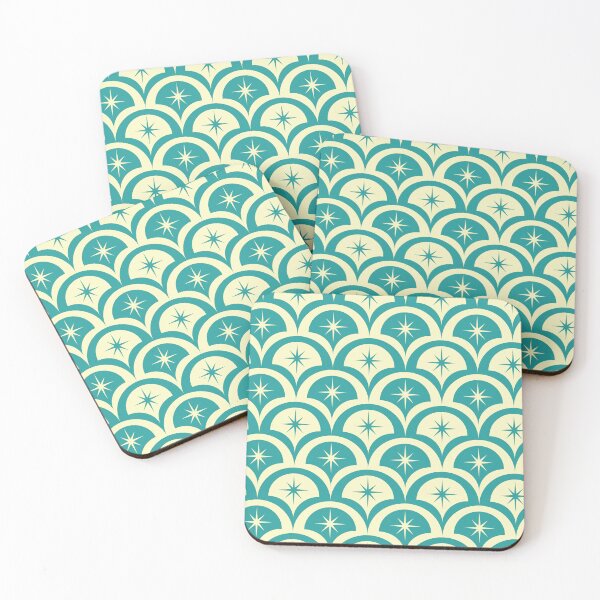 Item preview, Mid century atomic starbursts pattern on cream and teal scallop shapes designed and sold by Yasminepatterns .